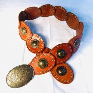 Vintage Fossil Southwestern Style Concha Genuine Leather Belt